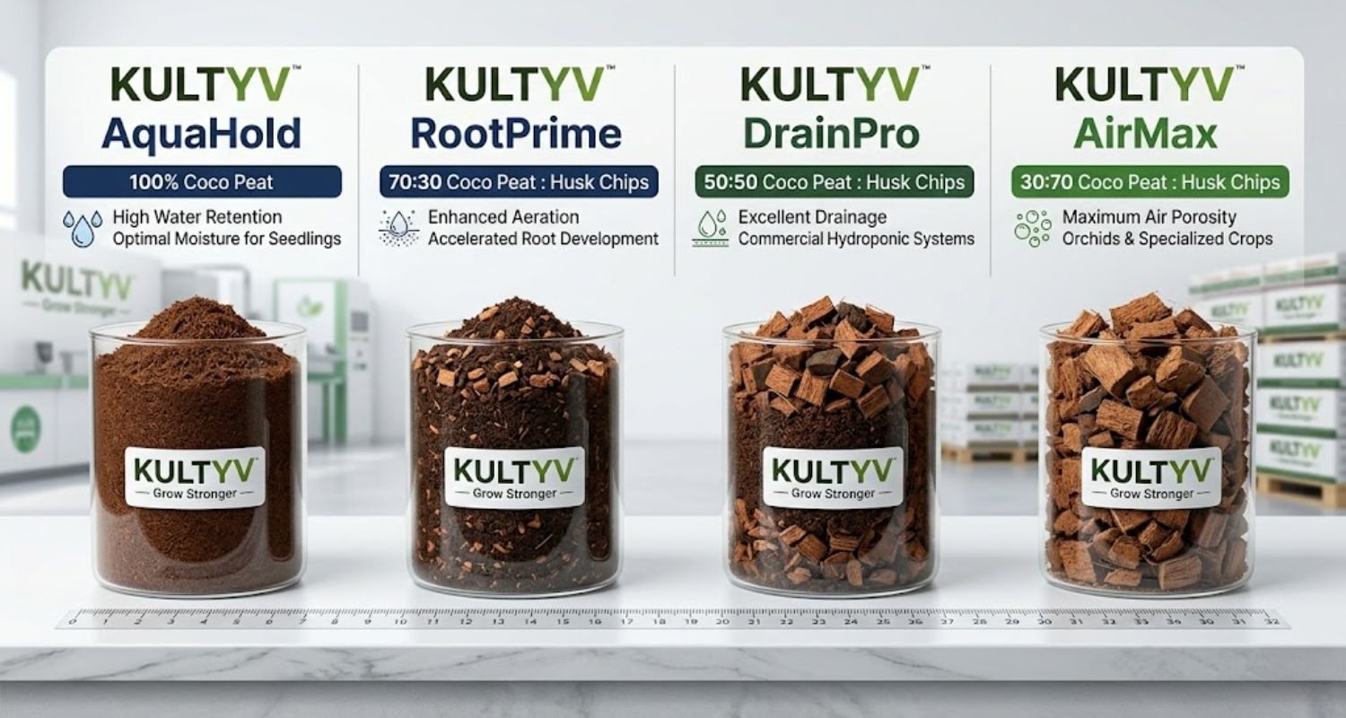 Kultyv coco peat husk chips blend range AquaHold RootPrime DrainPro AirMax